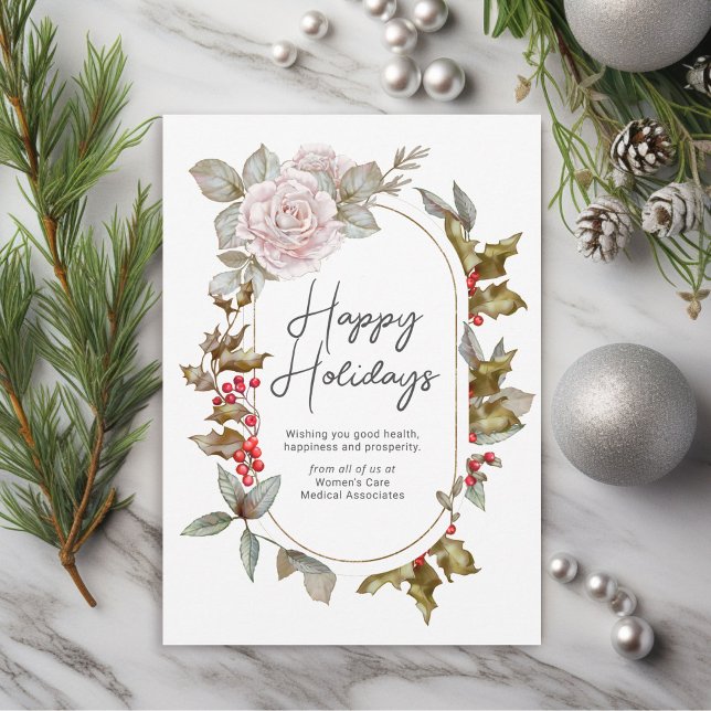 Feminine Holly Evergreens Blommigt Corporate Julkort (An elegant holiday card for businesses serving women.)