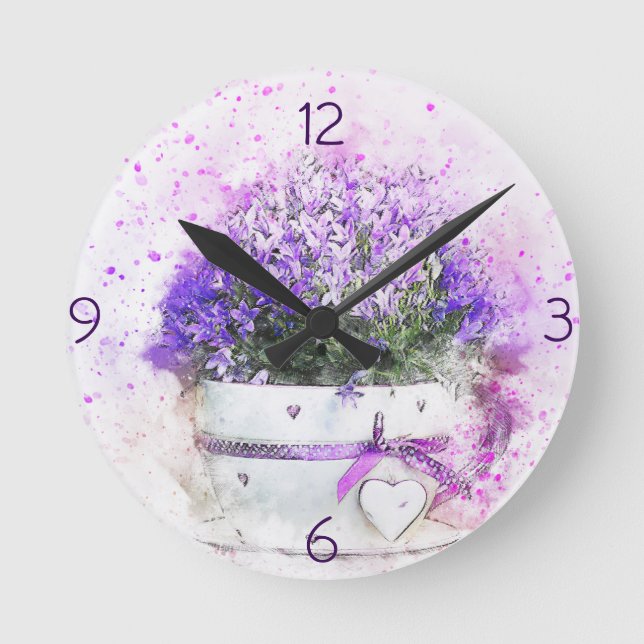 Feminine, lavender and purple flowers bouquet rund klocka (Framsida)