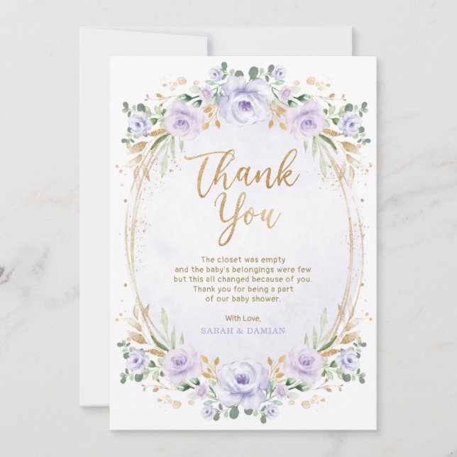 Feminine Lavender Guld Blommigt Flicka Shower Tack Kort (Framsida)