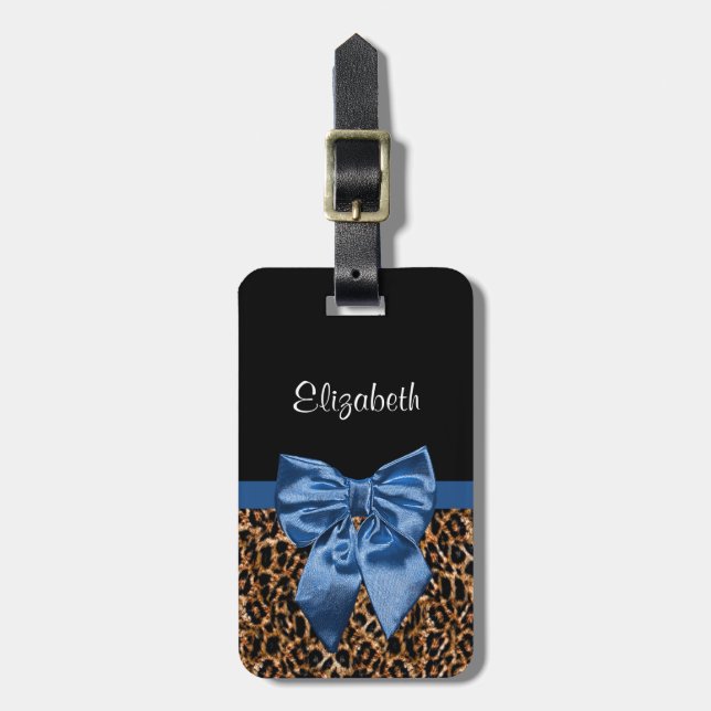 Feminine Leopard Skriv ut Eleganten Blue Bow and N Bagagebricka (Vertikal Framsida)