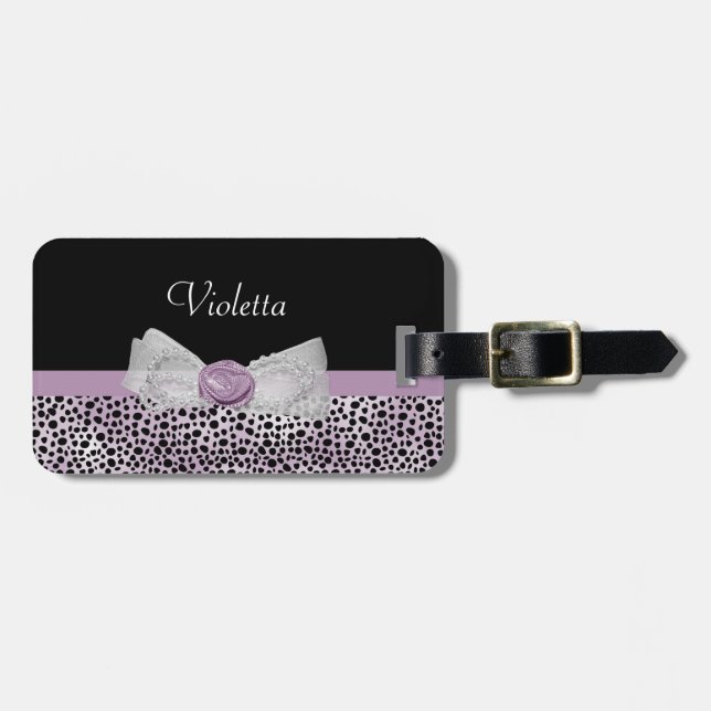 Feminine Lila Cheetah Skriv ut Girly Bow och Namn Bagagebricka (Horisontell Framsida)