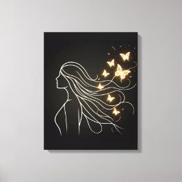 Feminine Line Art with Golden Butterflies Canvas