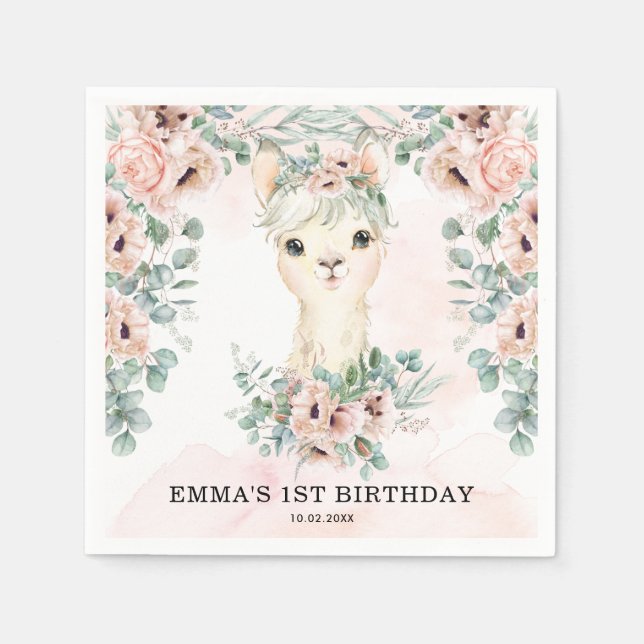 Feminine Llama  Rosa Blommigt Greenery Birthday Pappersservett (Framsidan)