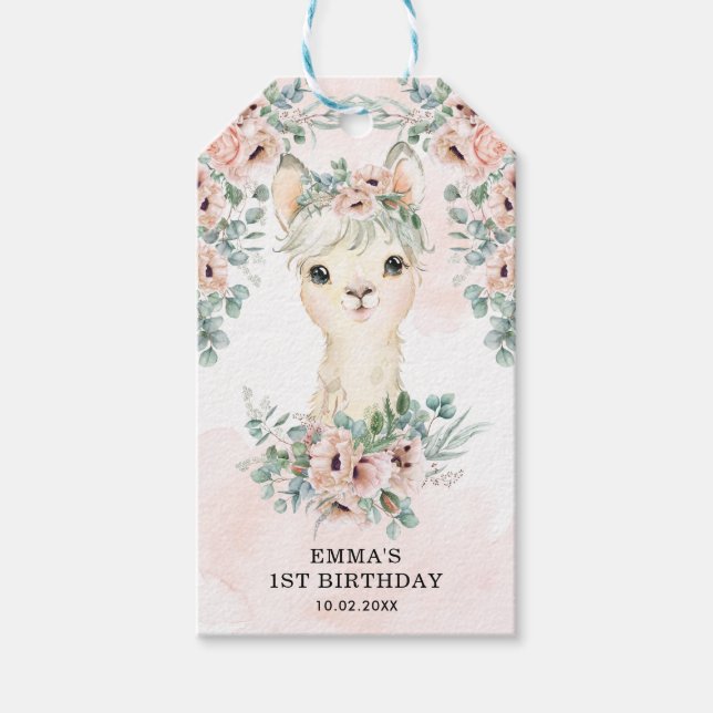Feminine Llama  Rosa Blommigt Greenery Birthday Presentetikett (Framsidan)