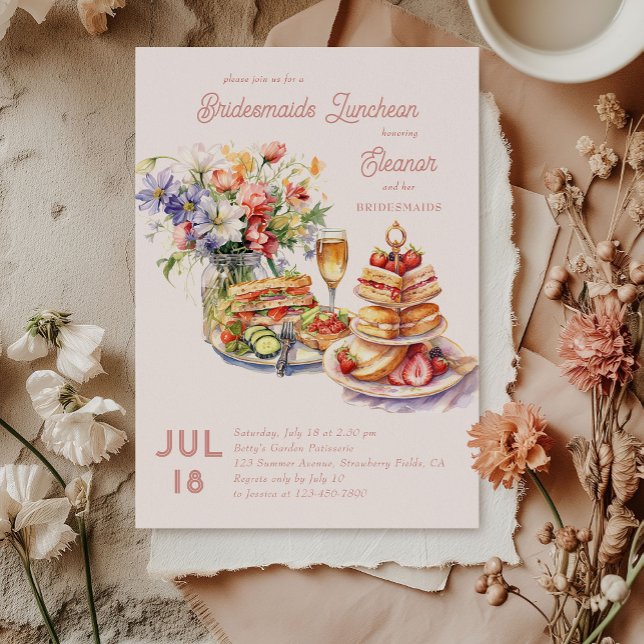 Feminine Lunch Vin Flowers Bridesmaids Luncheon Inbjudningar (Bridesmaids Luncheon invitation - feminine design with lunch, wine and flowers)