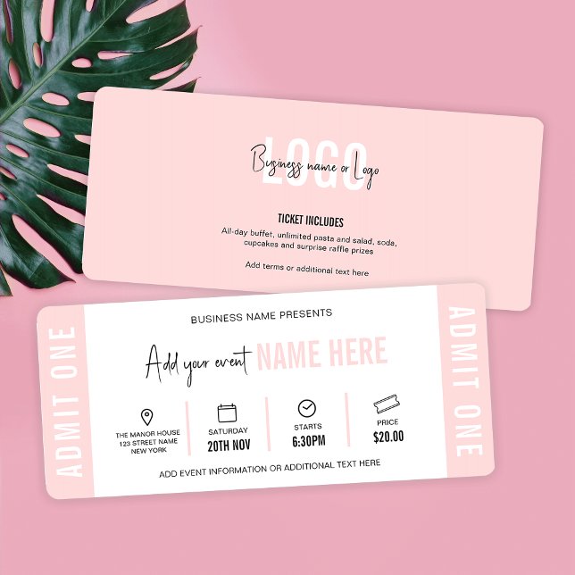 Feminine Modern Event Biljett Company Gift Voucher Inbjudningar (Feminine event ticket design in blush pink and white with fully editable text and colors)