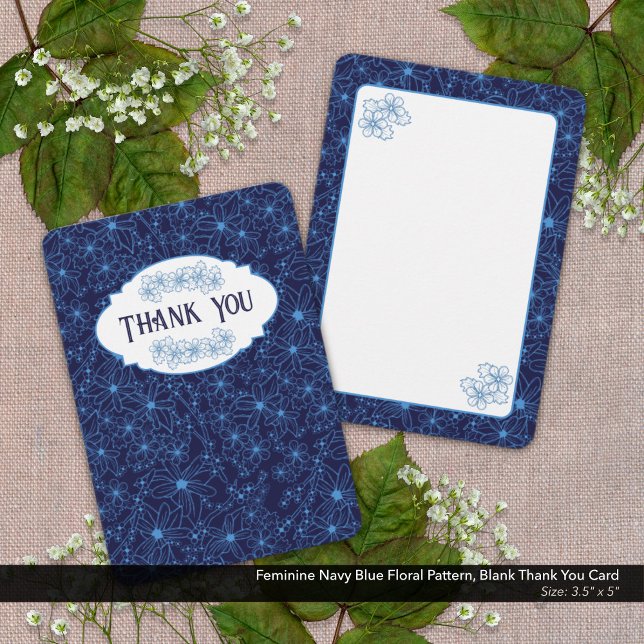 Feminine Navy Blue Floral Pattern, Blank Tack Kort (Blank Thank You Card with Feminine Navy Blue Floral Pattern.)