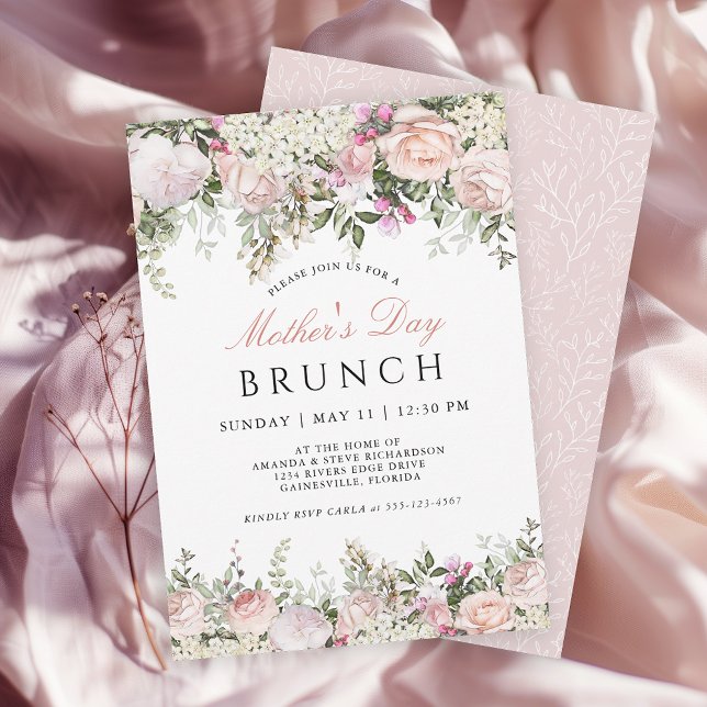 Feminine Rosa ros Mors dag Brunch Inbjudningar (Available in both printed and instant download digital formats.)