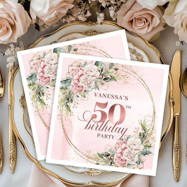 Feminine Rose Gold Floral 50th Birthday Party Nap  Pappersservett (Feminine Rose Gold Floral 50th Birthday Party Napkins)