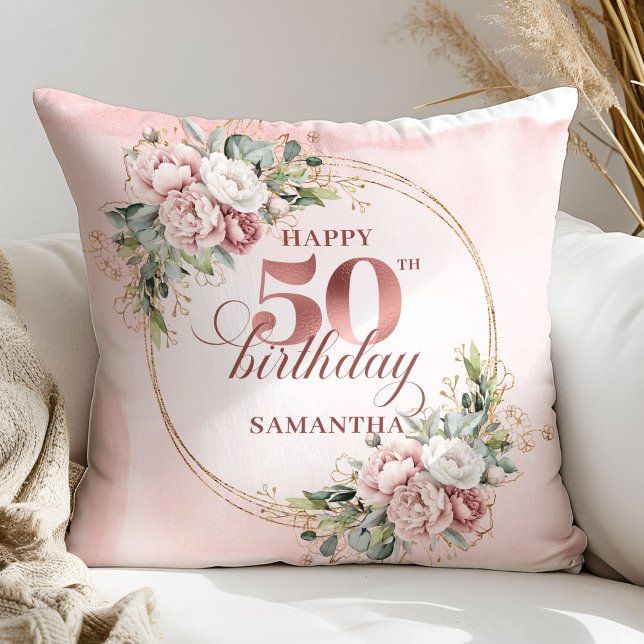 Feminine Rose Gold Floral 50th Birthday Pillow Gif Kudde (Feminine Rose Gold Floral 50th Birthday Pillow Gift)