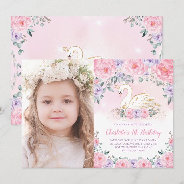 Feminine Svan Princess Rosa Lila Flower Birgday Inbjudningar (Fram/baksida)