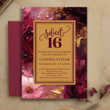 Feminine Sweet Sixteen Burgundy Floral Gold Invite