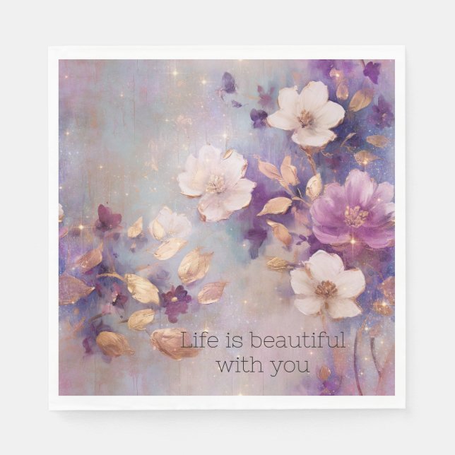 Feminine White Glam Guld Lila Blommigt Pappersservett (Framsidan)