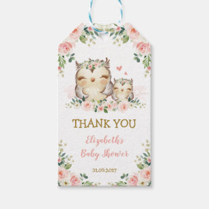 Feminine Woodland Uggla Rosa Blommigt Baby Shower Presentetikett
