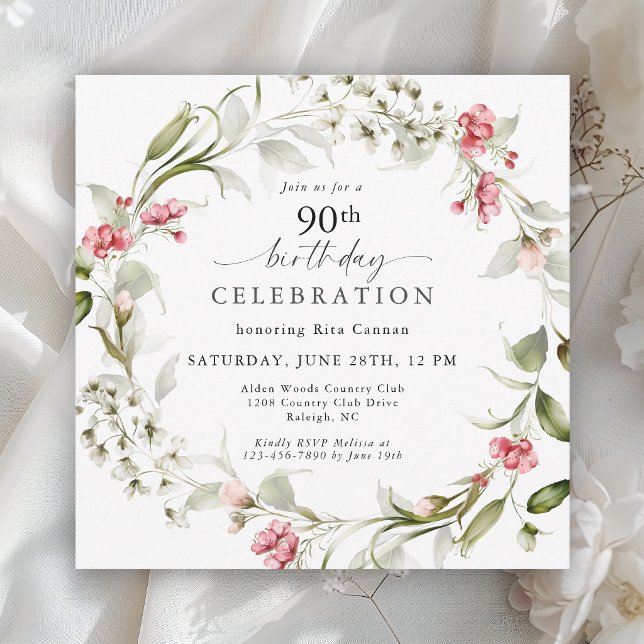 Feminint akvarell blomstermotiv 90-årsdag inbjudningar (Skapare uppladdad)