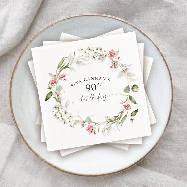 Feminint akvarell rosa blommotiv 90-årsdag pappersservett (Skapare uppladdad)