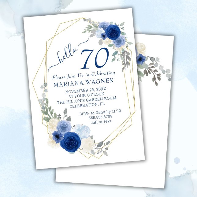 Feminint Chic Navyblå Blommig 70-årsdag Inbjudningar (Skapare uppladdad)