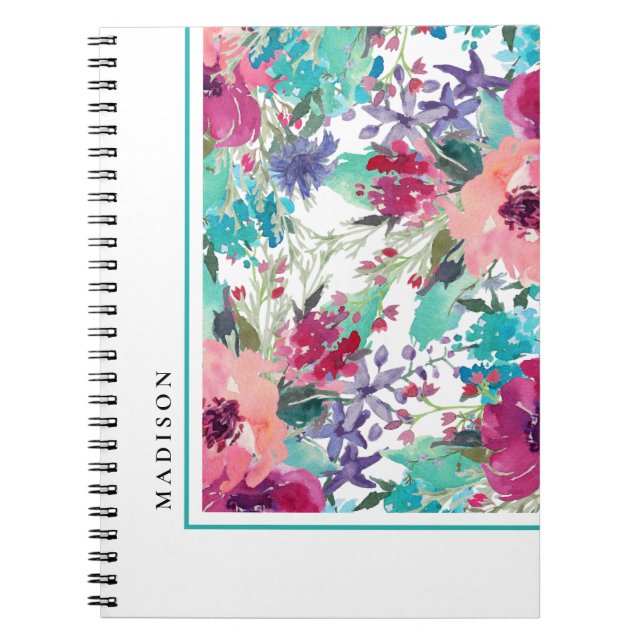 Feminint färgrikt vattenfärg blommönster anteckningsbok (Framsidan)
