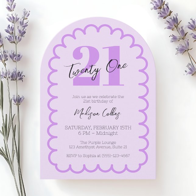 Feminint Lila 21-års Födelsedagsfirande Enkel Vågf Inbjudningar (Girly Purple 21st Simple Wavy Birthday Party Arch Invitation)