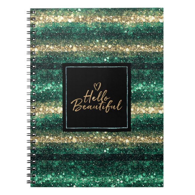 Feminint Mint Guld Glitter Svart Hej Vacker Anteckningsbok (Framsidan)