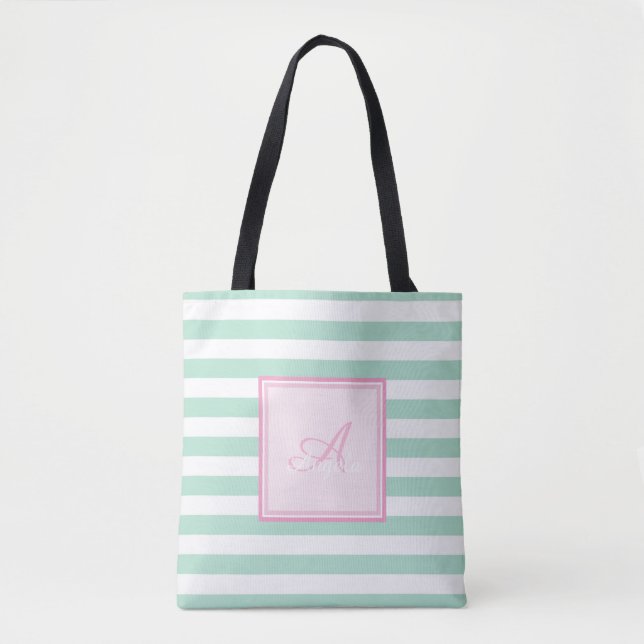 Feminint mintgrönt randigt,monogram-personanpassat tygkasse (Framsida)