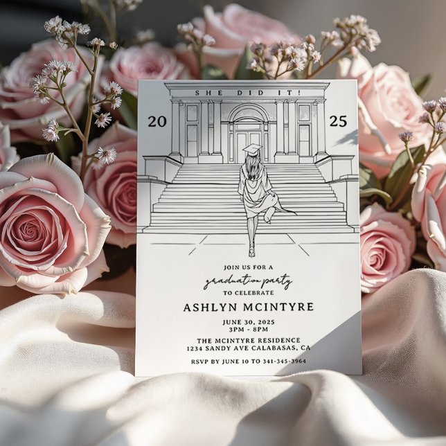 Feminint och Elegant Examensskiss Inbjudningar (Feminine Graduation Invitation with sketch of beautiful girl walking up the steps of a university. )