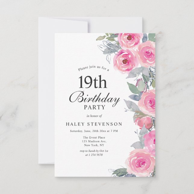 Feminint Rosa Akvarell Blommig Chic 19-årsdag Inbjudningar (Framsida)