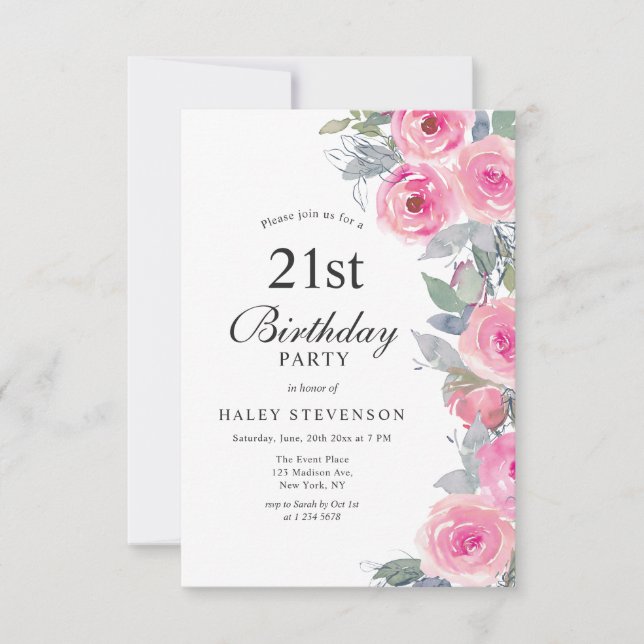 Feminint Rosa Akvarell Blommig Chic 21-årsdag Inbjudningar (Framsida)