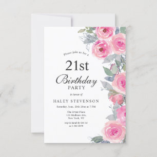 Feminint Rosa Akvarell Blommig Chic 21-årsdag Inbjudningar
