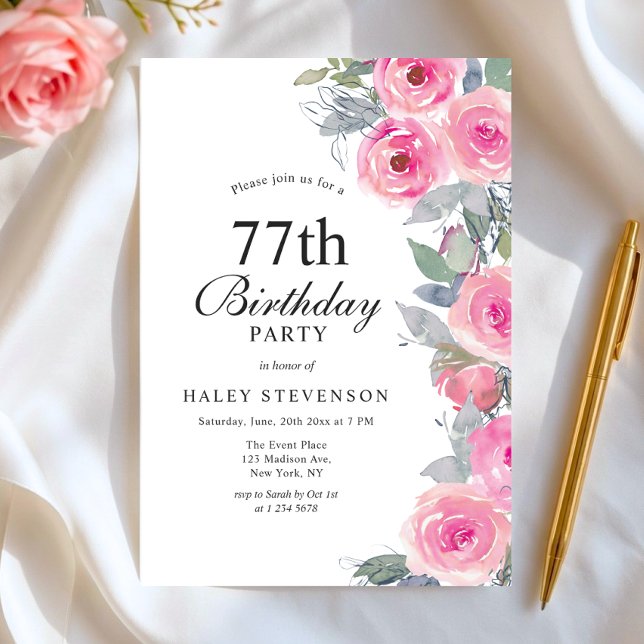 Feminint Rosa Akvarell Blommig Chic 77-årsdag Inbjudningar (Skapare uppladdad)