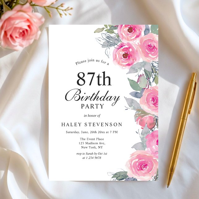 Feminint Rosa Akvarell Blommig Chic 87-årsdag Inbjudningar (Skapare uppladdad)