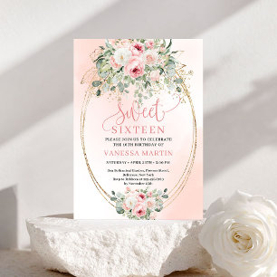 Feminint Rosa Blommor Guld Sweet 16 Inbjudan