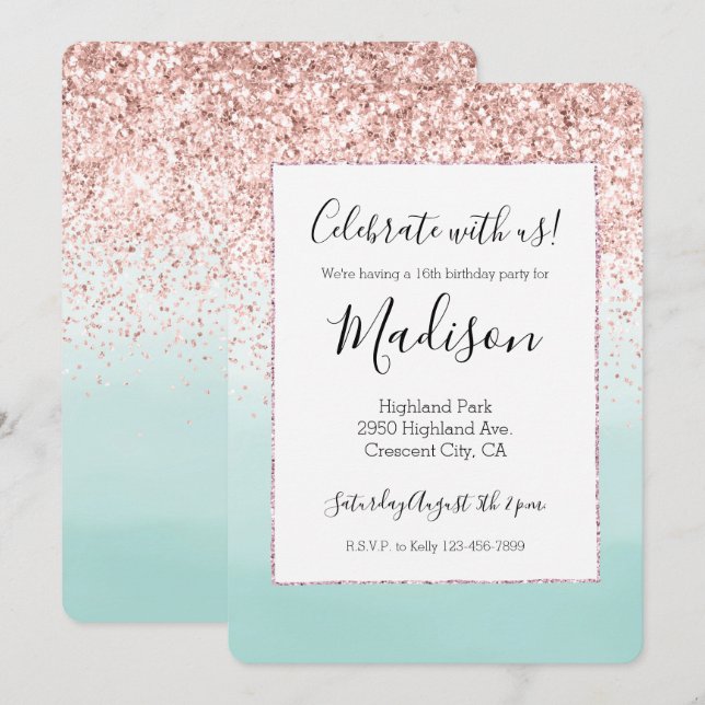 Feminint Rosa Glitter Mint Ombre Vattenfärg Inbjudningar (Fram/baksida)