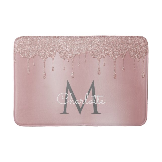 Feminint Rosa Glitterdropp Monogram Elegant Skrift Badrumsmatta (Framsidan)