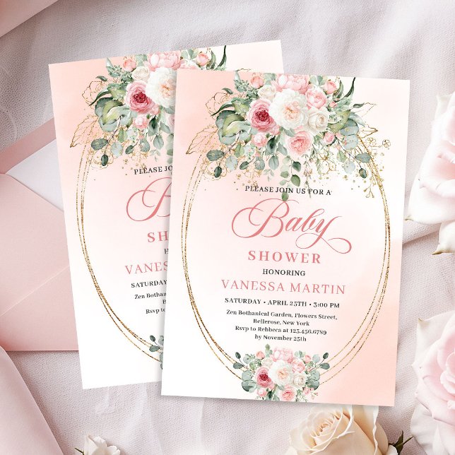 Feminint Rosa Guld Flicka Bebis Shower Inbjudan (Feminine Blush Rose Gold Girl Baby Shower Invitation)