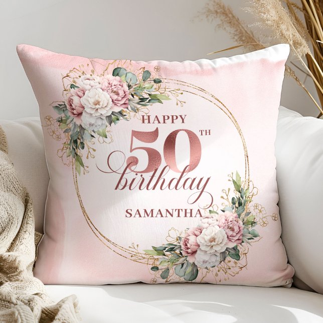 Feminint Rosa Guld Röda Rosor Blommig 50-årspresen Kudde (Feminine Rose Gold Blush Floral 50th Birthday Gift Pillow)