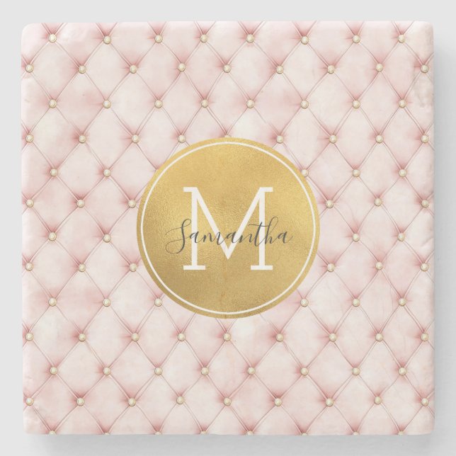 Feminint Rosa Guld Vattenfärg Konfetti Monogram Stenunderlägg (Framsidan)