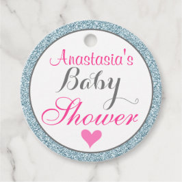 Feminint Rosa Ljust Himmelblå Glitter Baby Shower Gåvor Etiketter