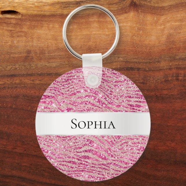 Feminint Rosa och Rosé Glitter Zebranamn Nyckelring (Framsida)