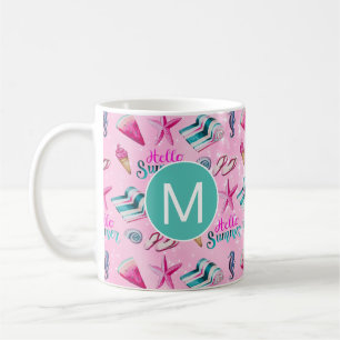 Feminint rosa sommarstrand vattenfärgmonogram kaffemugg