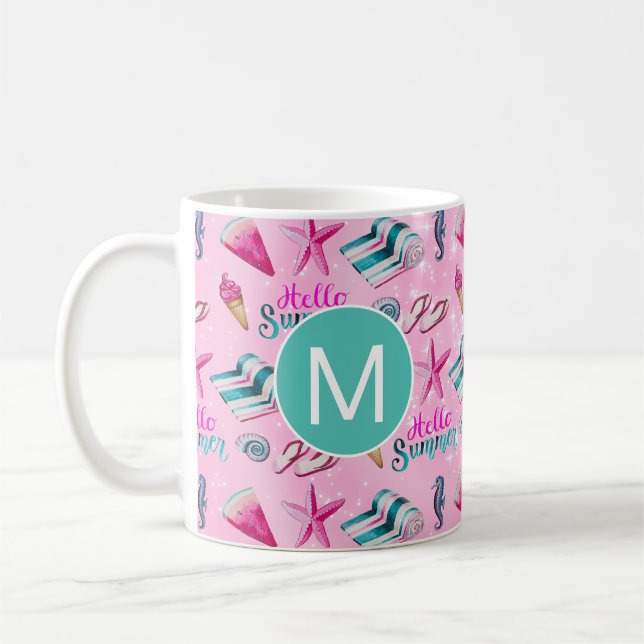 Feminint rosa sommarstrand vattenfärgmonogram kaffemugg (Vänster)