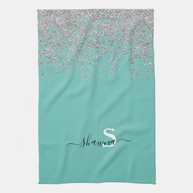 Feminint silver och teal-monogram med akvafärgade  kökshandduk (Vertikal)