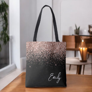 Feminint svart rosa roséguld glitter monogram tygkasse