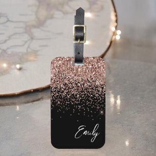 Feminint svart roséguld glittermonogram bagagebricka
