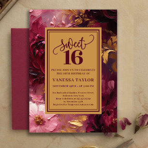 Feminint Sweet Sixteen Burgunder Rött Blommigt Gul Inbjudningar