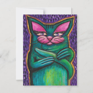 Feminint teal katt i oljepastell på lila bakgrund vykort