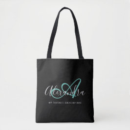 Feminint Tealgrönt Chic Svart Skript Namn Monogram Tygkasse