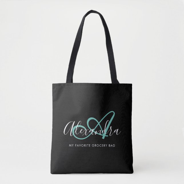 Feminint Tealgrönt Chic Svart Skript Namn Monogram Tygkasse (Framsida)