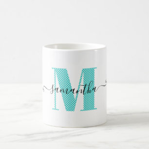 Feminint turkos och vitt prickigt monogram kaffemugg