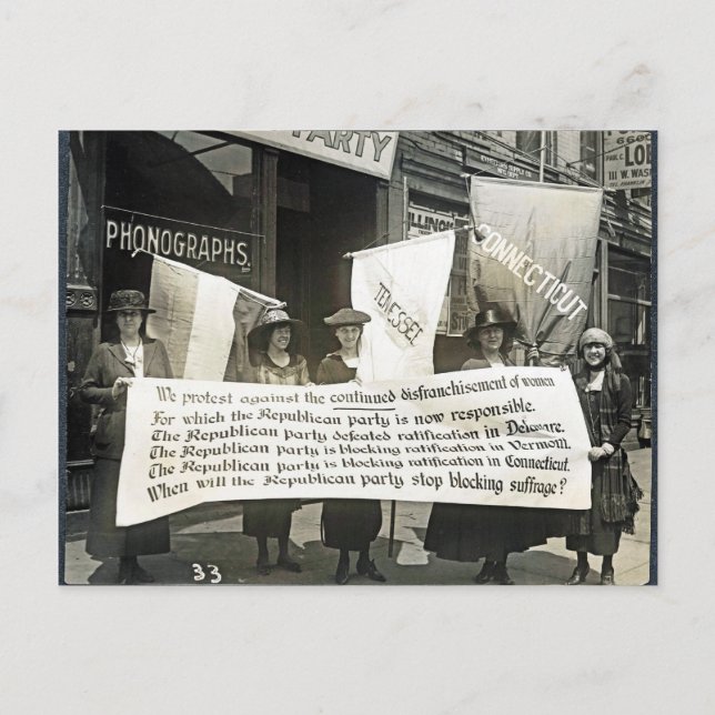 Feminister protesterar mot republikanerna, 1920 vykort (Framsida)